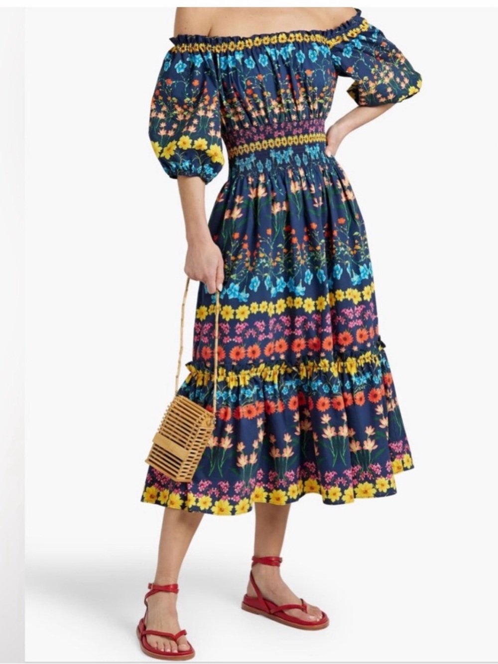Cara Cara Multicolor Floral Off the Shoulder or Square Neck Dress